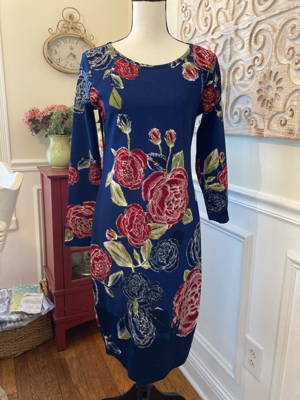 LuLaRoe Navy Long Sleeve Dress with Red Rose Print Debbie Dress